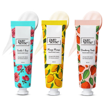 Three tubes of PureSense hand cream in different flavors: Vanilla & Rose, Mango Mousse, and Strawberry Slush, each with a white twist cap and a colorful design on the label.